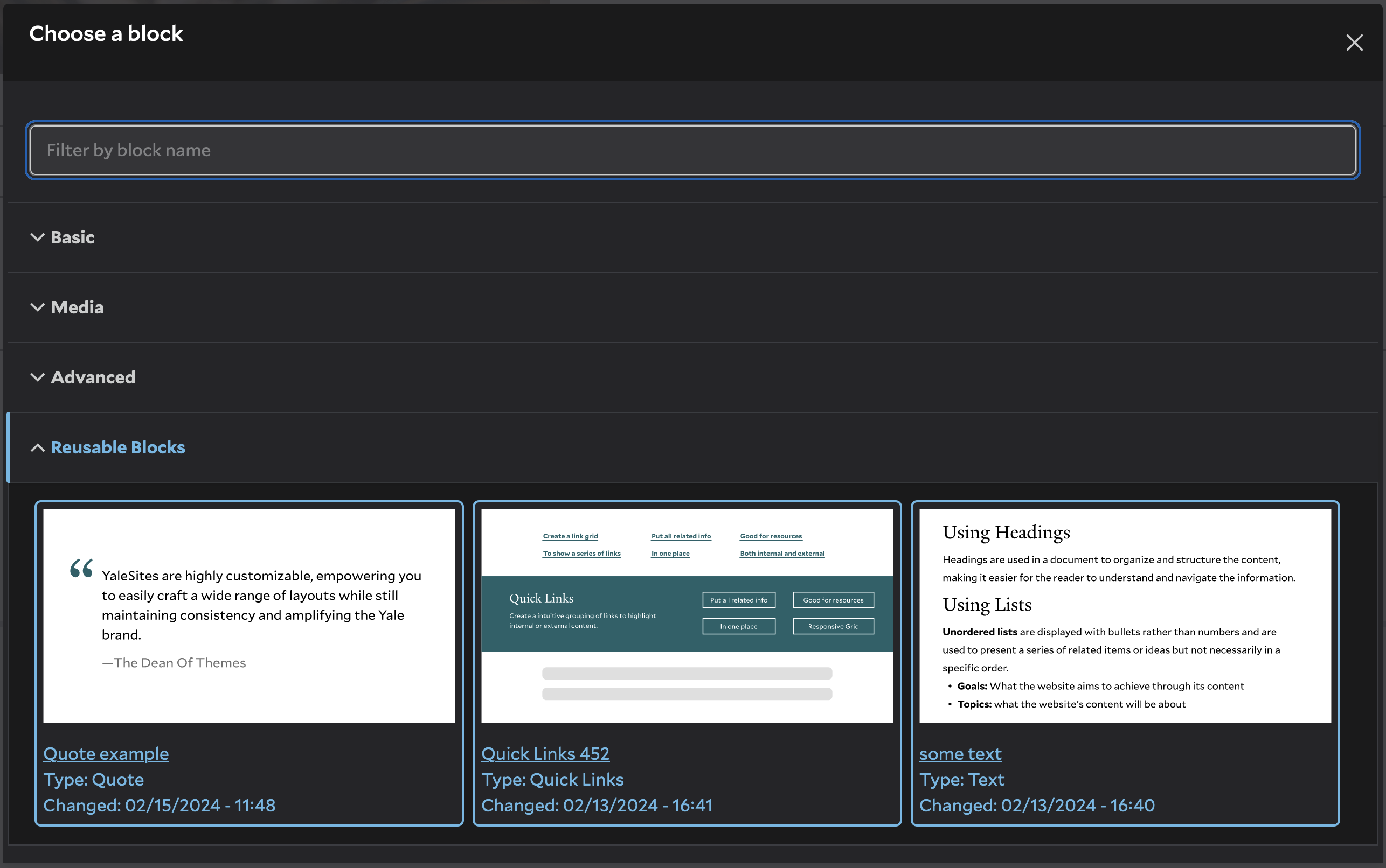 Selecting a resuable block from the layout builder block picker