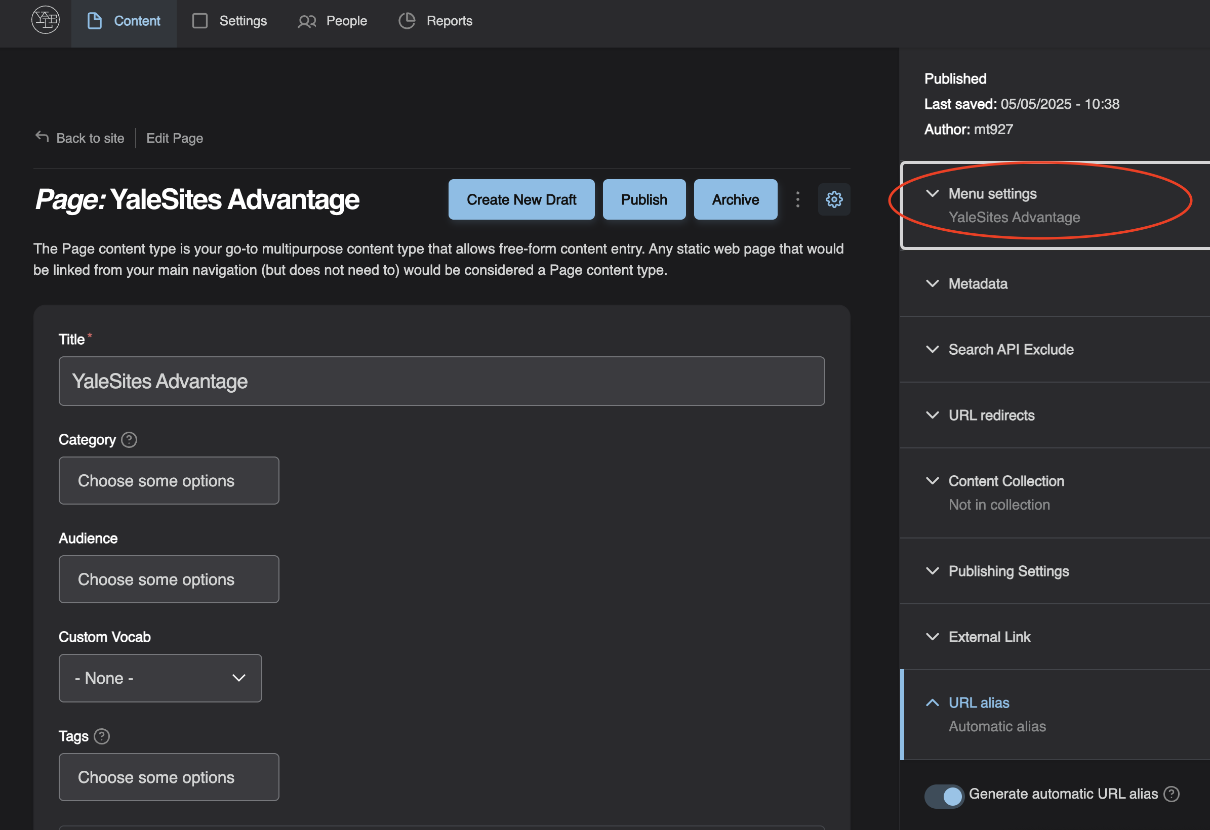 Screen shot highlights menu settings in side panel