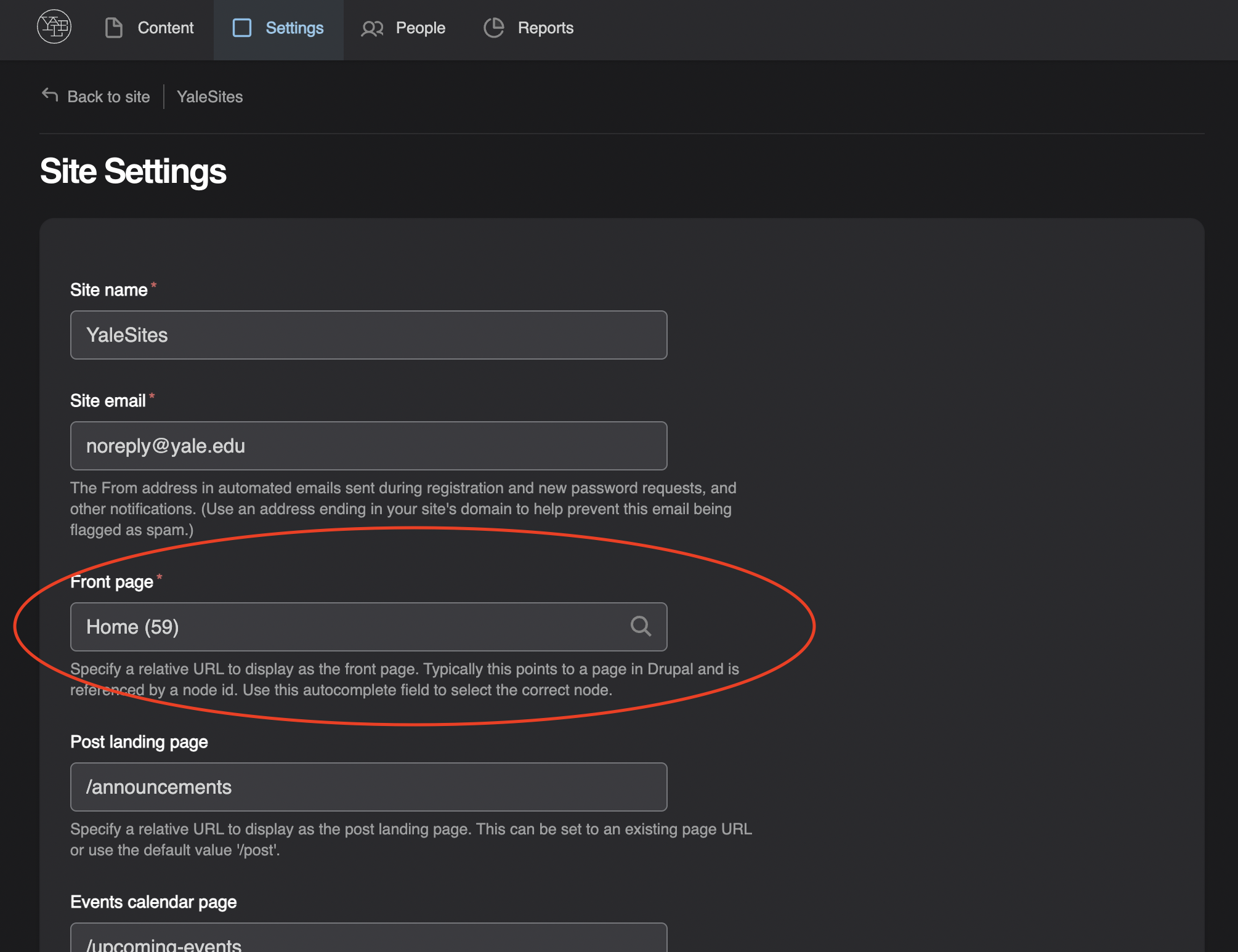 screen shot of front page highlighted in site settings