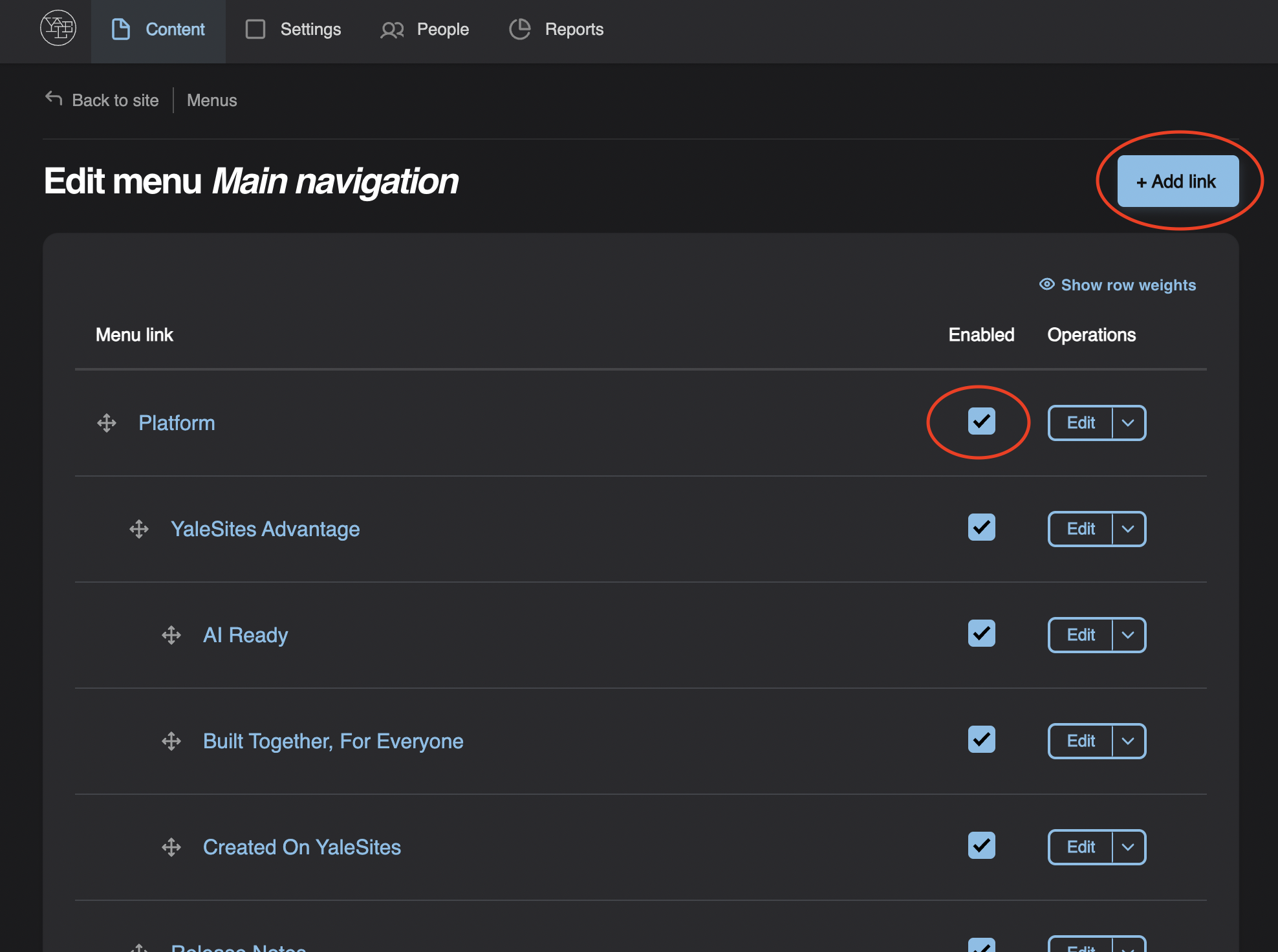 screenshot of manage main menu