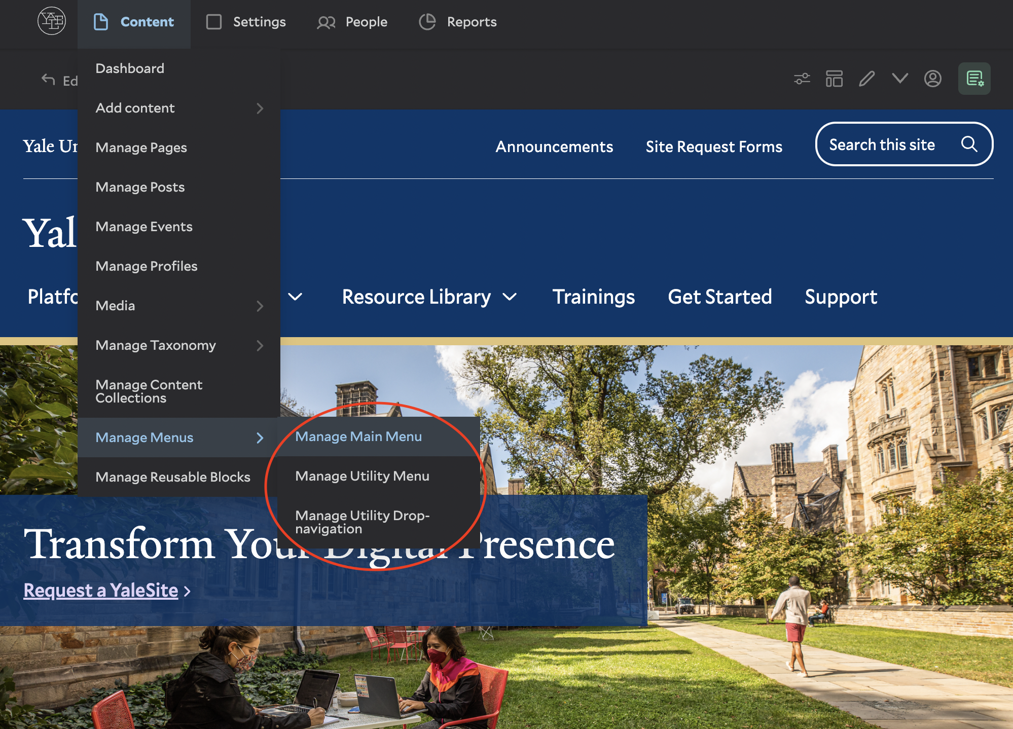 screenshot of menu content > manage menu
