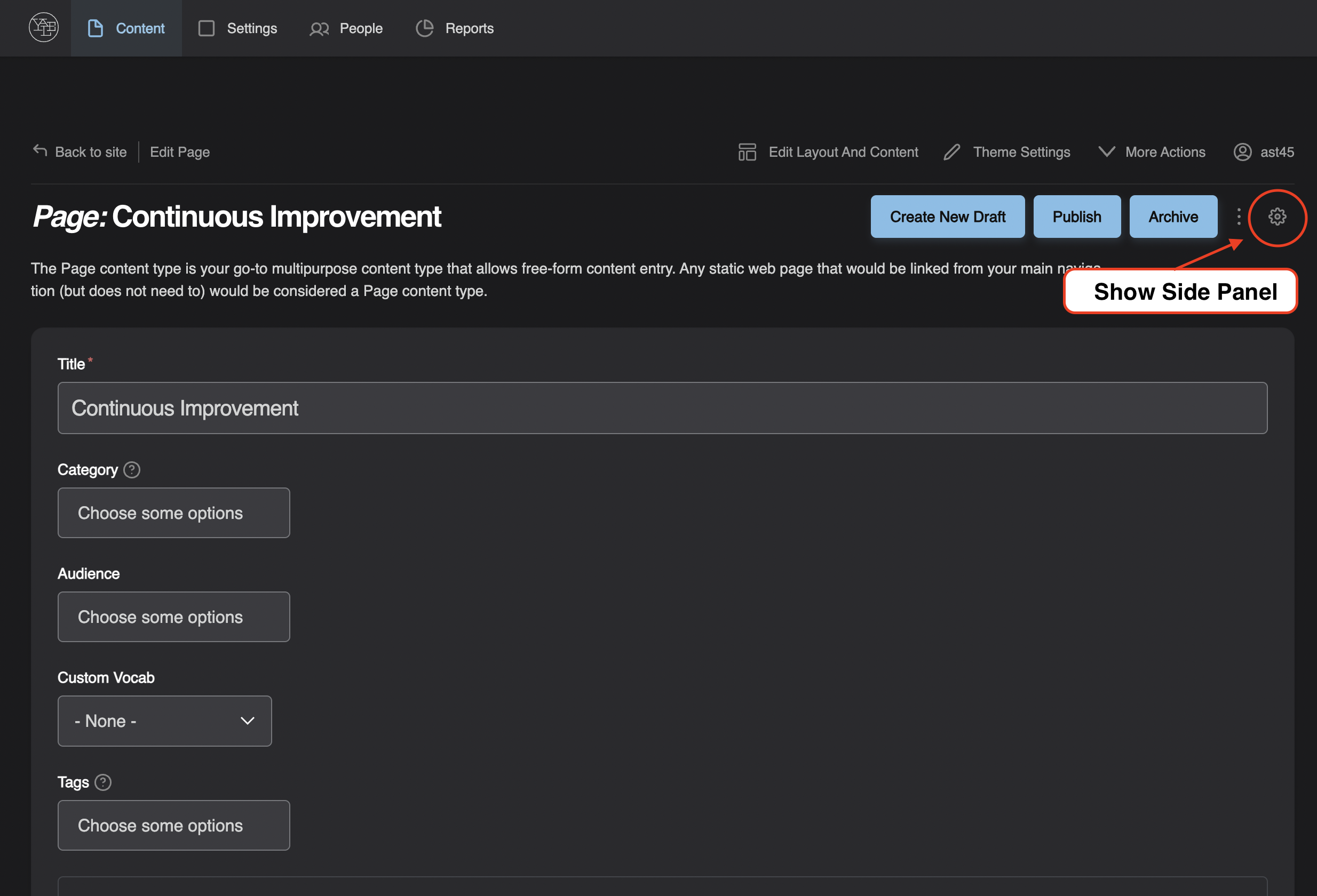 manage settings screen shot upper right gear highlighted to show side panel