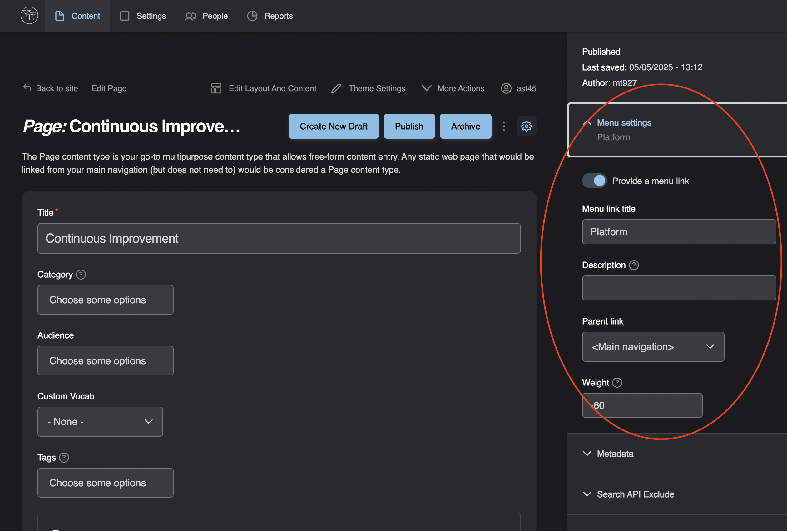 screen shot side panel in manage settings on a page