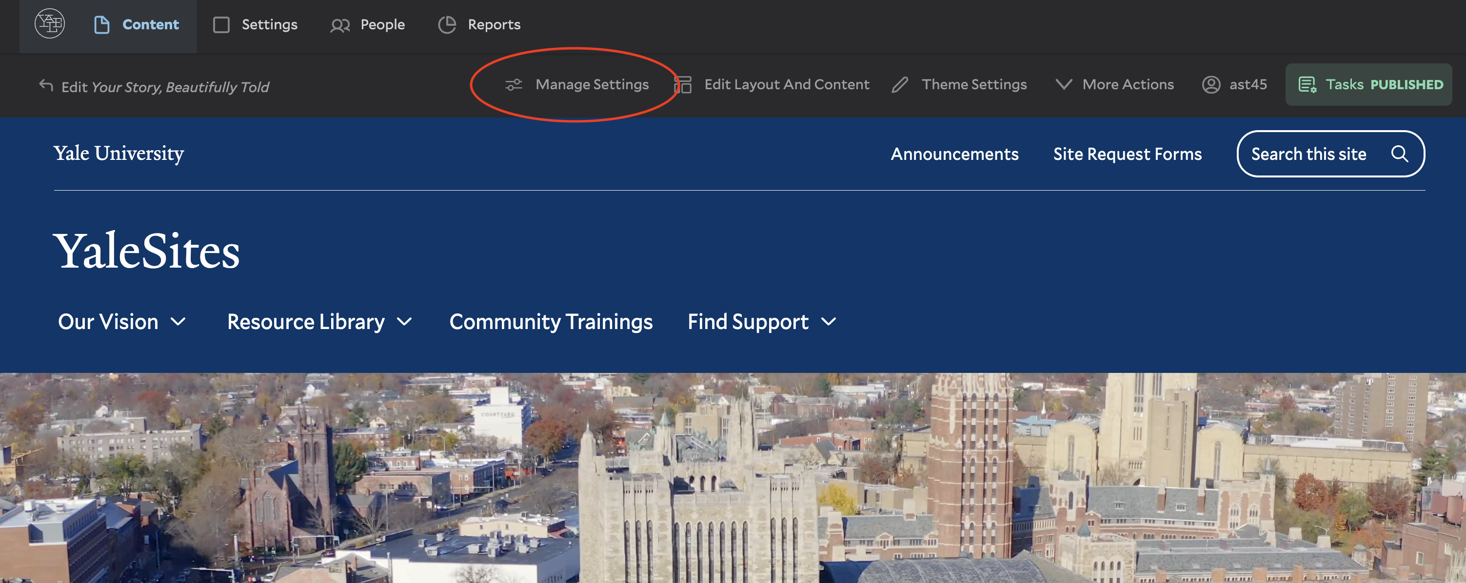 screenshot highlighting the manage settings on a content type 