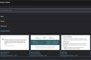 Selecting a resuable block from the layout builder block picker