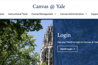 Top of the Canvas @ Yale website’s homepage that highlights a NetID Login to Canvas. Harkness Tower is used as a background image.