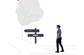 illustration of man on two way path with signs