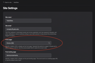 screen shot of front page highlighted in site settings
