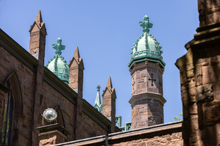 Dramatic view of the towers on Yale University's historic Dwight Hall
