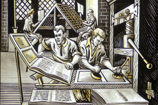 Stained glass window depicts a printer removing a page from a printing press while another inks text-blocks