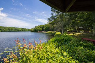 Sunshine glimmers across a lake framed by the lush greenery of Yale's Outdoor Education Center