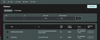 Screenshot of the Redirects settings page