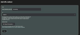 Screenshot of the Add URL redirect settings page, using the node path option