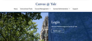 Top of the Canvas @ Yale website’s homepage that highlights a NetID Login to Canvas. Harkness Tower is used as a background image.