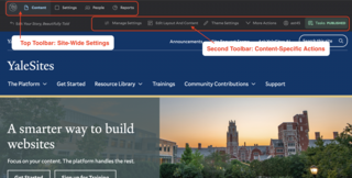 Screen shot of admin highlighting interface toolbars