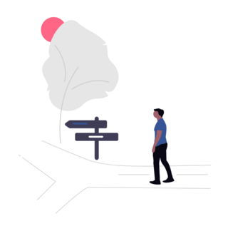 illustration of man on two way path with signs