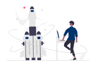 Rocket launch human with computer on Undraw