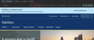 Screenshot of admin UI highlighting the manage settings 