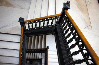 Overhead shot of the Woolsey Hall marble staircase